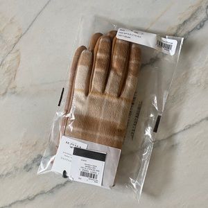 Coach Tan Leather Tech Gloves With Windowpane Plaid Print